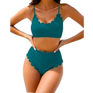 ZAFUL Size L (8) Emerald Green Scalloped High Waist Bikini Vacation Resort NWT